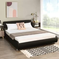 Costway Full Faux Leather Upholstered Platform Bed Adjustable Headboard Black