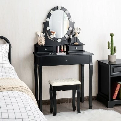 Costway Bedroom Vanity Set Makeup Dressing Table W/3 Drawers 10 LED Bulb Black 2 Costway Bedroom Vanity Set Makeup Dressing Table W/3 Drawers 10 LED Bulb Black - Image 2