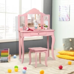 Costway Kids Vanity Table & Stool Princess Dressing Make Up Play Set For Girls Pink -Cozy Living Deals Store GUEST b48518ee a593 4270 991b f0a49adef908