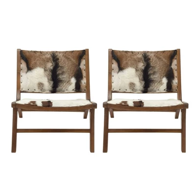 Set Of 2 Rustic Goat Leather And Teak Accent Chairs Brown - Olivia & May 4 Set Of 2 Rustic Goat Leather And Teak Accent Chairs Brown - Olivia & May - Image 4