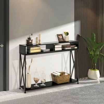 Costway Steel Frame Console Table With Open Shelf And Storage Compartments Black 3 Costway Steel Frame Console Table With Open Shelf And Storage Compartments Black - Image 3