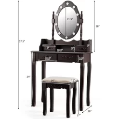 Costway Makeup Vanity Dressing Table Set W/10 Dimmable Bulbs Cushioned Stool