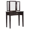Wooden Vanity Table With 3 Panel Mirror And Padded Stool Brown - Benzara