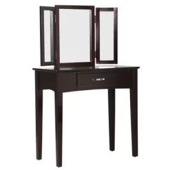 Wooden Vanity Table With 3 Panel Mirror And Padded Stool Brown - Benzara