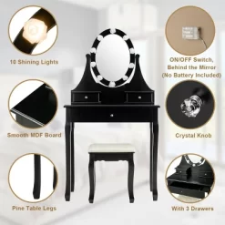 Costway Bedroom Vanity Set Makeup Dressing Table W/3 Drawers 10 LED Bulb Black 16 Costway Bedroom Vanity Set Makeup Dressing Table W/3 Drawers 10 LED Bulb Black -Cozy Living Deals Store GUEST bb59c28e 65a9 43c3 9273 0be105942c37