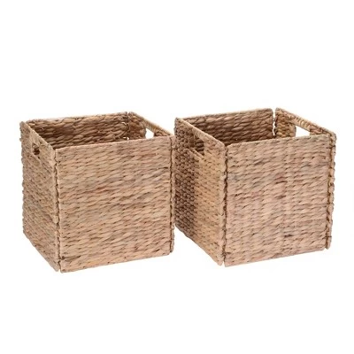 Set Of 2 Handmade Wicker Storage Cubes - 12-Inch Square Foldable Baskets With Handles - Made Of Hand-Twisted Water Hyacinth By Villacera (Natural) 1 Set Of 2 Handmade Wicker Storage Cubes - 12-Inch Square Foldable Baskets With Handles - Made Of Hand-Twisted Water Hyacinth By Villacera (Natural)