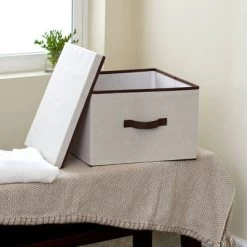 Household Essentials Square Storage Box With Lid Natural With Brown Trim