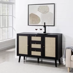 Modern Boho Wood And Rattan Storage Sideboard Black - Saracina Home
