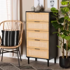 Maureen Wood And Rattan 5 Drawer Storage Chest Espresso/Natural Brown - Baxton Studio -Cozy Living Deals Store GUEST c57b0acc a88e 4495 94f5 66299276ace8