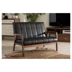 Nikko Mid-Century Modern Scandinavian Style Faux Leather Wooden 2 Seater Loveseat - Baxton Studio -Cozy Living Deals Store GUEST cb3dfdc0 3d3e 4e52 ae01 b0acb5368433