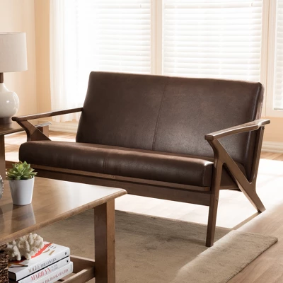 Bianca Mid-Modern Walnut Wood Distressed Faux Leather 2 Seater Loveseat Dark Brown - Baxton Studio 5 Bianca Mid-Modern Walnut Wood Distressed Faux Leather 2 Seater Loveseat Dark Brown - Baxton Studio - Image 5