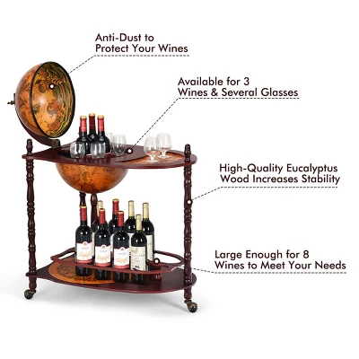 Costway Wood Globe Wine Bar Stand 34'' H 16th Century Italian Rack Liquor Bottle Shelf 4 Costway Wood Globe Wine Bar Stand 34'' H 16th Century Italian Rack Liquor Bottle Shelf - Image 4