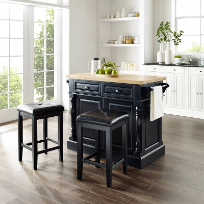 Oxford Kitchen Island With Square Seat Stools Black - Crosley 3 Oxford Kitchen Island With Square Seat Stools Black - Crosley - Image 3