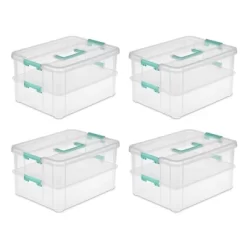 Sterilite Convenient Small Home 2-Tiered Layer Stack Carry Storage Box With Colored Accent Secure Latching Lid, Clear (8 Pack)
