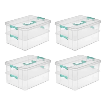Sterilite Convenient Small Home 2-Tiered Layer Stack Carry Storage Box With Colored Accent Secure Latching Lid, Clear (8 Pack) 1 Sterilite Convenient Small Home 2-Tiered Layer Stack Carry Storage Box With Colored Accent Secure Latching Lid, Clear (8 Pack)