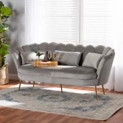 Genia Velvet Fabric Upholstered And Metal Sofa Gray/Gold - Baxton Studio -Cozy Living Deals Store GUEST d8cecf5d ba12 4394 8c36 6bc4278e6ced