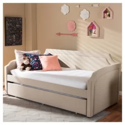 Parkson Modern And Contemporary Linen Fabric Curved Notched Corners Sofa Daybed With Roll - Out Trundle Guest Bed - Twin - Baxton Studio -Cozy Living Deals Store GUEST d942968a fec1 4651 a19f 04aa80606a58