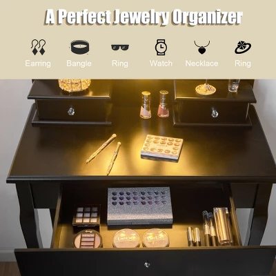 Costway Bedroom Vanity Set Makeup Dressing Table W/3 Drawers 10 LED Bulb Black 5 Costway Bedroom Vanity Set Makeup Dressing Table W/3 Drawers 10 LED Bulb Black - Image 5