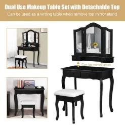 Costway Vanity Makeup Dressing Table Set W/Stool 4 Drawer&Mirror Jewelry Wood Desk Black -Cozy Living Deals Store GUEST d999651d 9c02 4c57 9da3 72023f944092