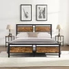 Queen Size Metal Platform Bed With Wood Headboard And Footboard, Antique Brown - ModernLuxe