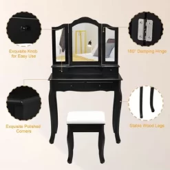 Costway Vanity Makeup Dressing Table Set W/Stool 4 Drawer&Mirror Jewelry Wood Desk Black -Cozy Living Deals Store GUEST db63acb7 9f60 4e96 9f19 4db3fc6ece25