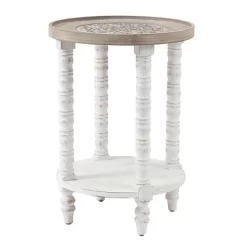 LuxenHome White And Natural Wood Round Accent Side Table With Storage.