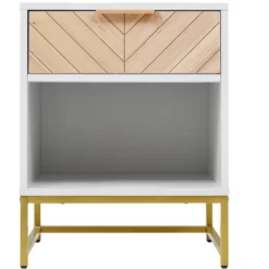 Nightstand With USB Charging Ports, End Table With 1 Drawer And Metal Legs, White+Natural Finish-ModernLuxe -Cozy Living Deals Store GUEST de36e679 4aed 4fa4 b4cd 1bffd4612b89