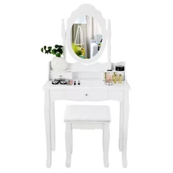 Costway White Vanity Wood Makeup Dressing Table Stool 3 Drawer -Cozy Living Deals Store GUEST e12324ff c7ba 4ea5 a925 035ee19d1e4e