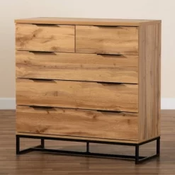 Franklin Wood And Metal 5 Drawer Bedroom Chest Oak/Black - Baxton Studio -Cozy Living Deals Store GUEST e7092492 27b6 479a aece e38fbe138ebf