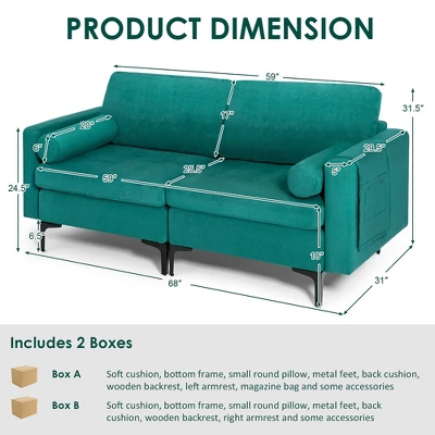 Costway Modern Loveseat 2-Seat Sofa Couch W/ 2 Bolsters Side Storage Pocket Teal 3 Costway Modern Loveseat 2-Seat Sofa Couch W/ 2 Bolsters Side Storage Pocket Teal - Image 3