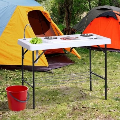 Outsunny Portable Folding Camping Table With Sink, Faucet, Dual Stainless Steel Basins, And Accessories For Fish Cleaning, 50" 1 Outsunny Portable Folding Camping Table With Sink, Faucet, Dual Stainless Steel Basins, And Accessories For Fish Cleaning, 50"