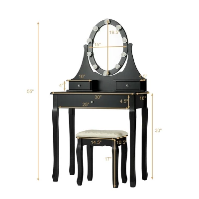 Costway Bedroom Vanity Set Makeup Dressing Table W/3 Drawers 10 LED Bulb Black 1 Costway Bedroom Vanity Set Makeup Dressing Table W/3 Drawers 10 LED Bulb Black