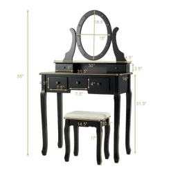 Costway Vanity Set Makeup Dressing Table W/5 Drawers 12 LED Bulb Black