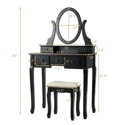 Costway Vanity Set Makeup Dressing Table W/5 Drawers 12 LED Bulb Black 1 Costway Vanity Set Makeup Dressing Table W/5 Drawers 12 LED Bulb Black