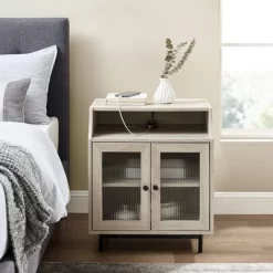 Fluted Glass Double Door Nightstand With USB Port - Saracina Home