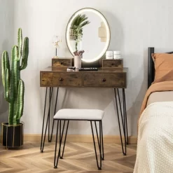 Costway Industrial Vanity Makeup Dressing Table Padded Stool Set 3-Color Lighted Mirror