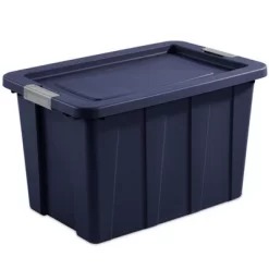 Sterilite Tuff1 30 Gallon Plastic Stackable Basement Garage Attic Storage Organizer Tote Container Bin With Latching Lid, Dark Indigo Blue (16 Pack)
