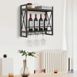 Costway Wall Mounted Wine Rack Industrial 2-Tier Wood Shelf With 3 Stem Glass Holders