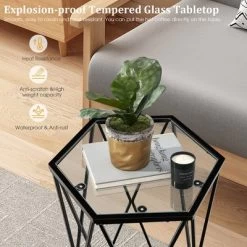 Costway End Table Tempered Glass Top Metal Frame Hexagonal Accent Side Table Living Room -Cozy Living Deals Store GUEST ee3e19e9 6240 4e16 b6b1 482e50a75376