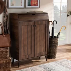 Cormier Walnut Finished 2 Door Wood Entryway Shoe Storage Cabinet Brown - Baxton Studio