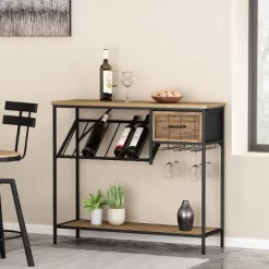 Boster Boho Industrial 8 Bottle Wine Rack Console Table With Storage Natural/Black - Christopher Knight Home