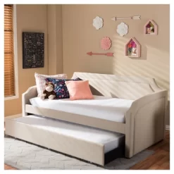 Parkson Modern And Contemporary Linen Fabric Curved Notched Corners Sofa Daybed With Roll - Out Trundle Guest Bed - Twin - Baxton Studio -Cozy Living Deals Store GUEST f0acde84 61ca 448e b573 6757149594b9
