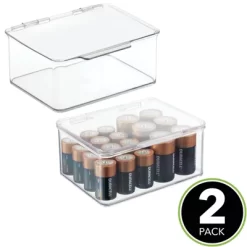MDesign Plastic Stackable Divided Battery Storage Organizer Box, 2 Pack - Clear