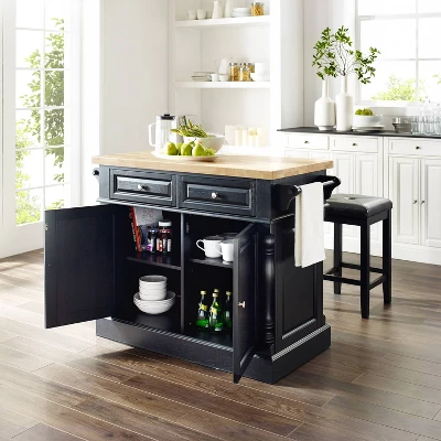 Oxford Kitchen Island With Square Seat Stools Black - Crosley 2 Oxford Kitchen Island With Square Seat Stools Black - Crosley - Image 2