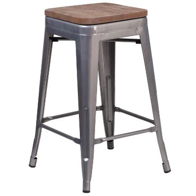 Merrick Lane Clear Coated Gray Metal Bar Counter Stool With Textured Walnut Elm Wood Seat 4 Merrick Lane Clear Coated Gray Metal Bar Counter Stool With Textured Walnut Elm Wood Seat - Image 4
