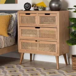 Alina Wood And Rattan 4 Drawer Accent Chest Oak - Baxton Studio -Cozy Living Deals Store GUEST f414242c ff75 4f48 b786 37d0dd0c1c8e