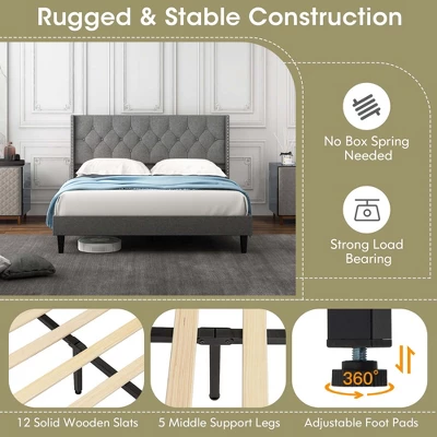 Costway Full/Queen Size Upholstered Platform Bed Button Tufted Headboard Mattress Foundation 5 Costway Full/Queen Size Upholstered Platform Bed Button Tufted Headboard Mattress Foundation - Image 5