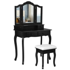 Costway Vanity Makeup Dressing Table Set W/Stool 4 Drawer&Mirror Jewelry Wood Desk Black -Cozy Living Deals Store GUEST f465c08c 186f 40f7 b96d 94f3bcd5e3c6