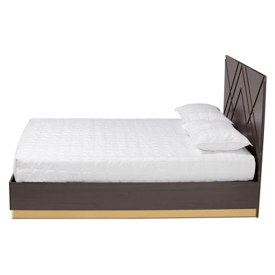 Queen Arcelia Two-Tone Wood Platform Bed Walnut Brown/Gold - Baxton Studio 2 Queen Arcelia Two-Tone Wood Platform Bed Walnut Brown/Gold - Baxton Studio - Image 2