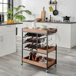 12 Bottles Rustic Walnut Wood And Metal Rolling Farmhouse Style Bar Cart Brown/Black - Danya B. -Cozy Living Deals Store GUEST f7f3d58f 0af3 4088 bba9 9d08a9214ccc